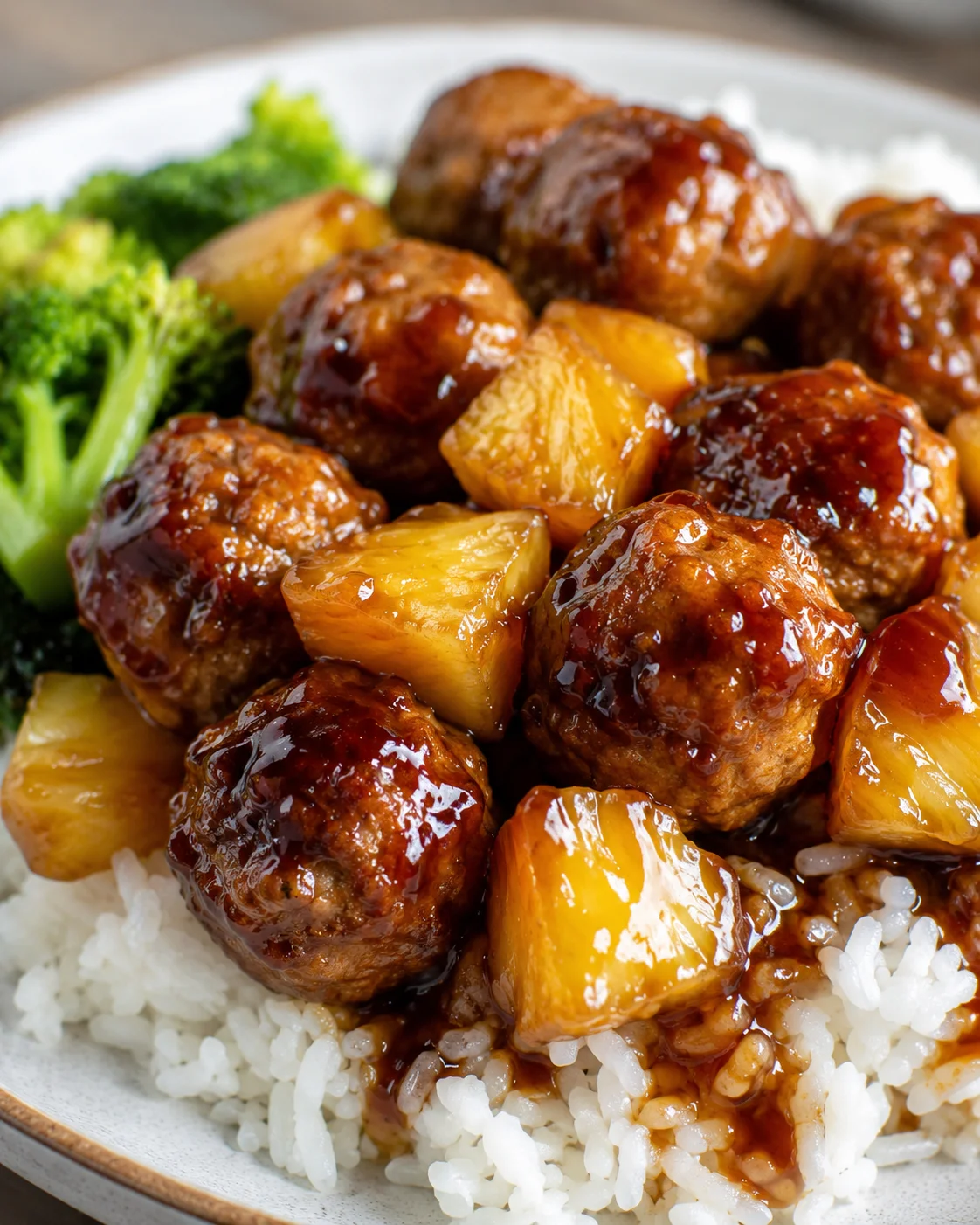 Slow cooker pineapple teriyaki meatballs and pineapple chunks served over white rice with broccoli on the side