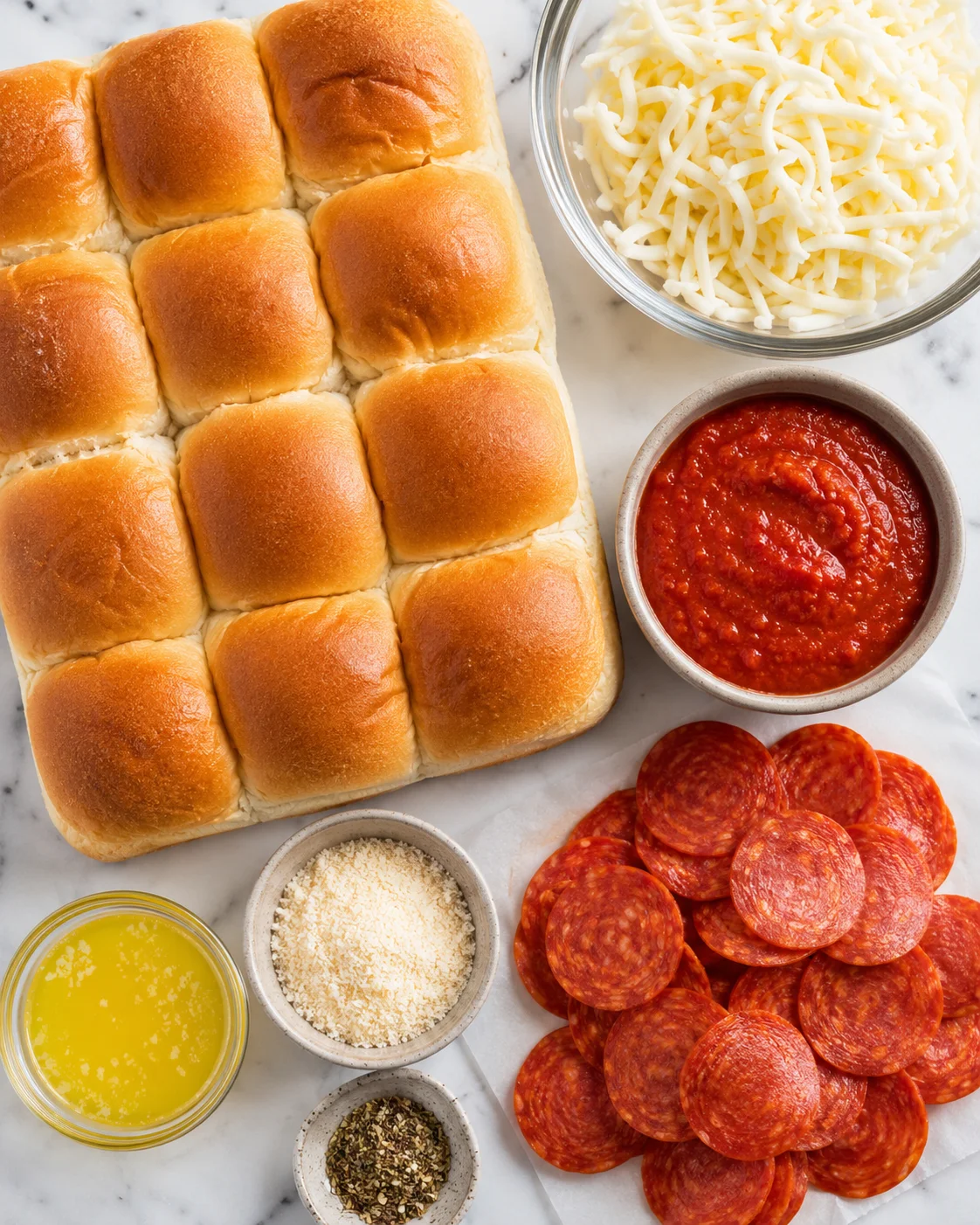 Top-down view of Hawaiian rolls, shredded mozzarella, pizza sauce, pepperoni, melted butter, Parmesan and seasoning