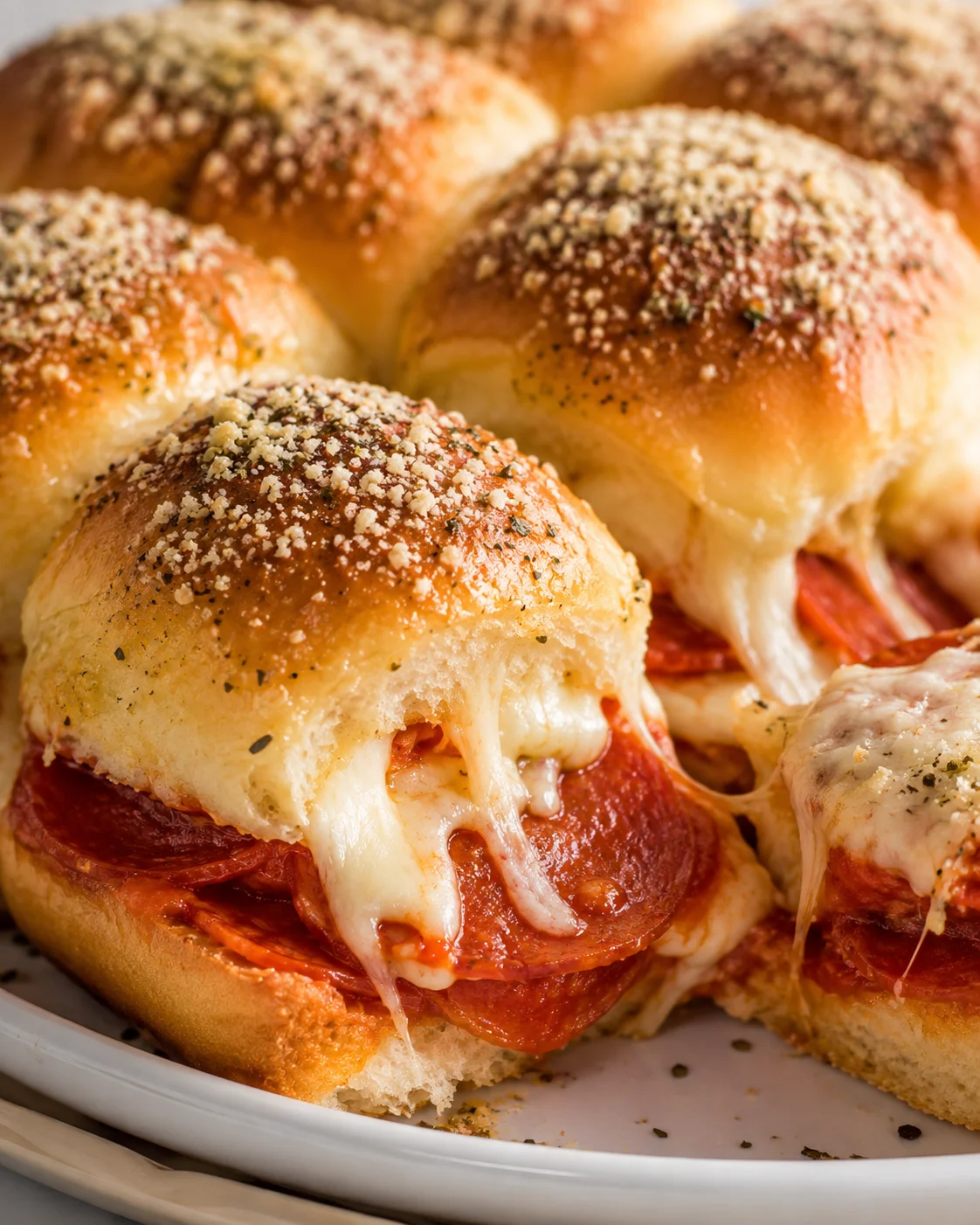 Side view of pepperoni pizza sliders on a plate with cheese oozing from the buns