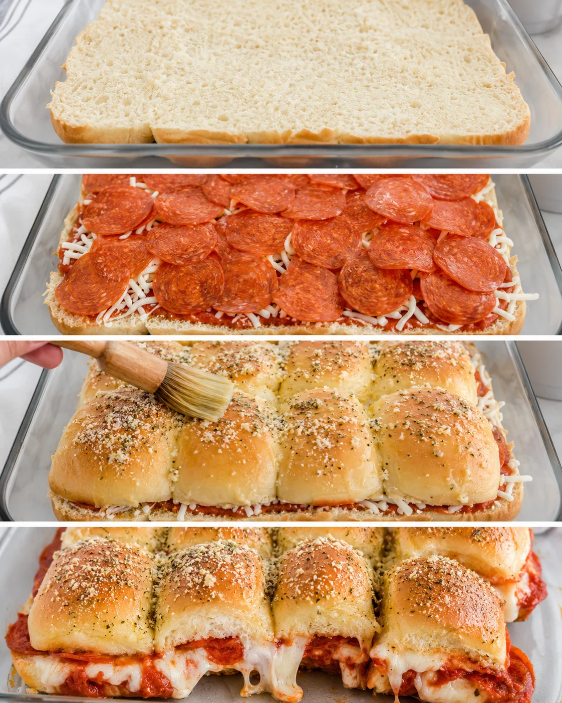Four-step montage showing assembling, stacking pepperoni, brushing butter, and baked pizza sliders