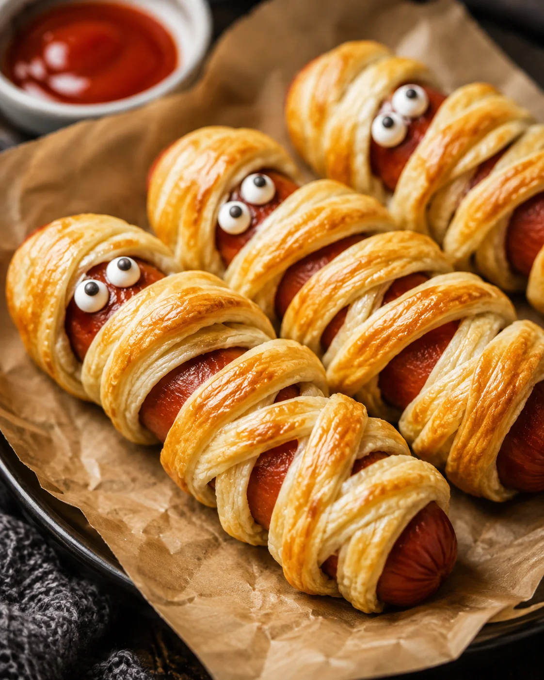 Three mummy hot dogs on parchment paper with a bowl of ketchup