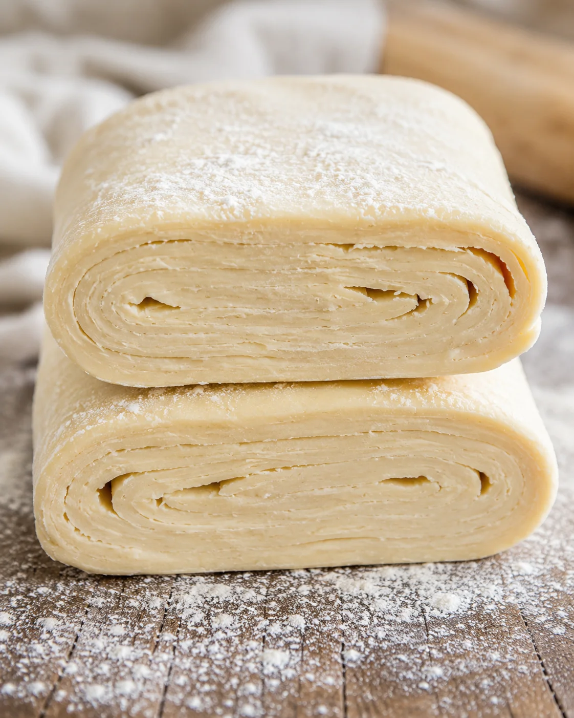 Stacked puff pastry dough showing visible multiple laminated layers in cross section.