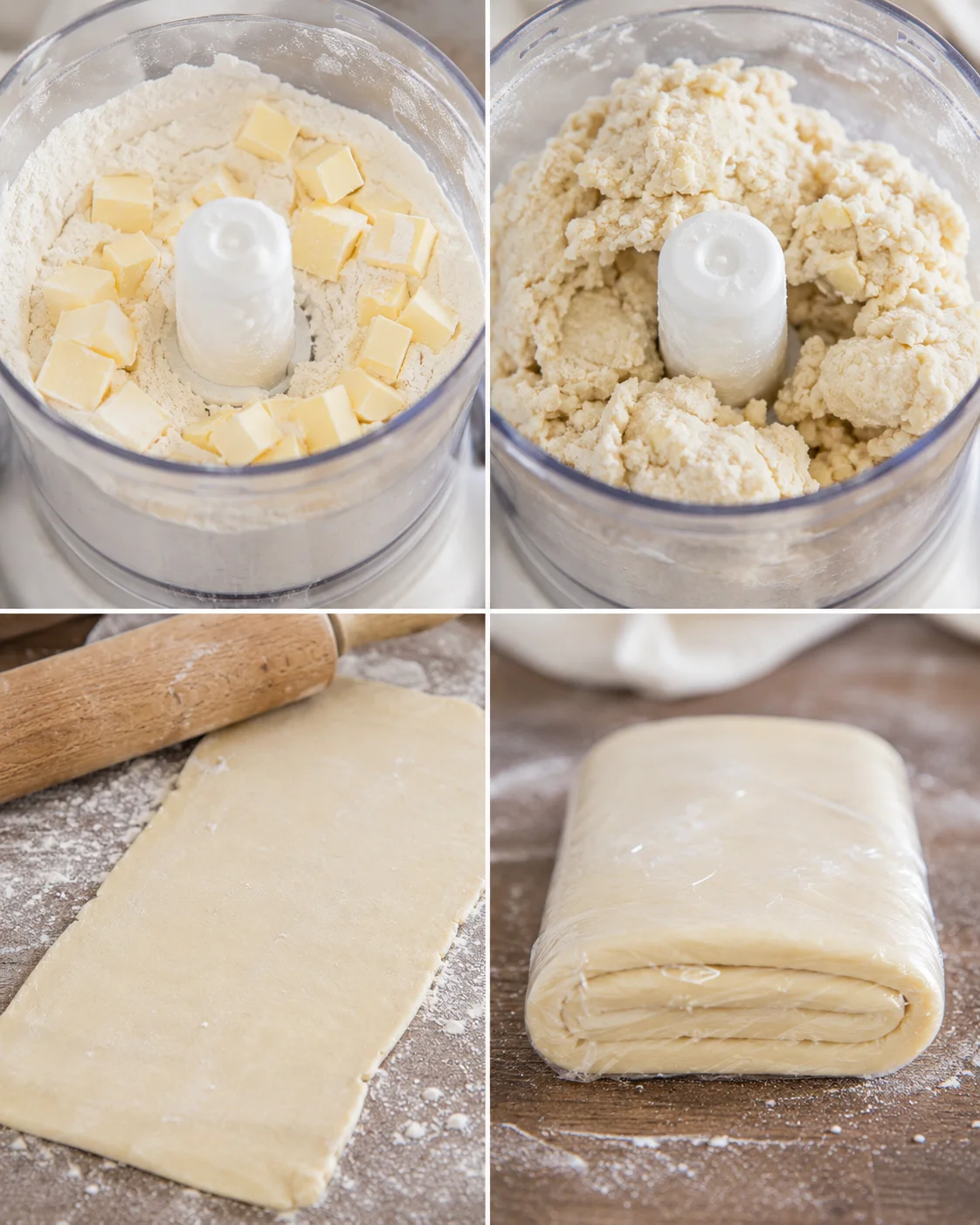 Four-photo collage showing butter in flour in a food processor, dough coming together, rolled dough, and dough folded and wrapped.