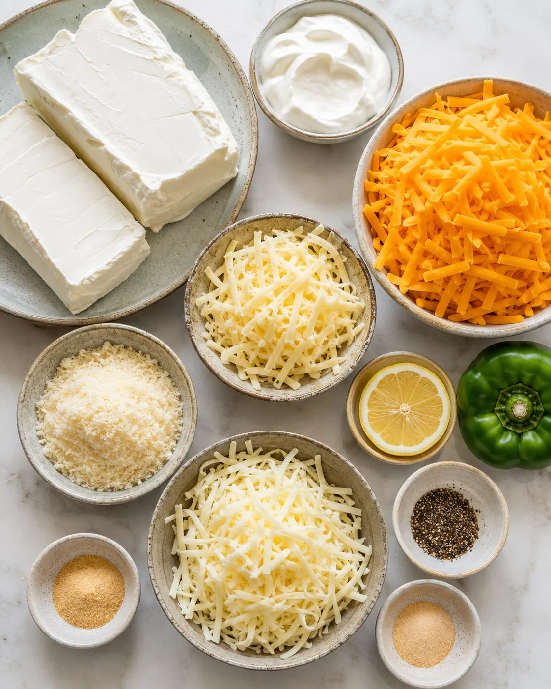 Top-down of cream cheese, sour cream, shredded cheddars, grated Parmesan, lemon, spices and a green bell pepper