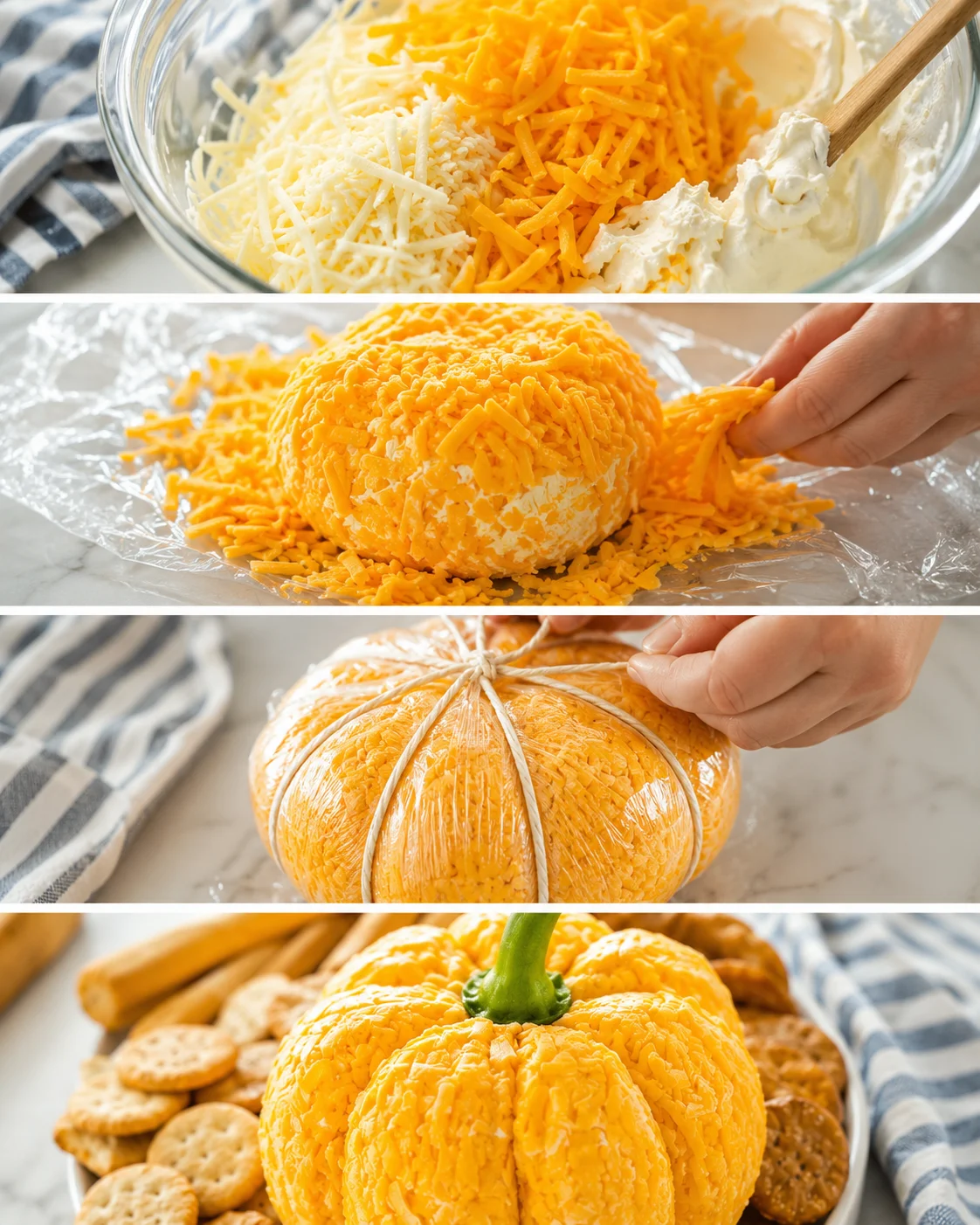 Collage showing mixing cheeses, rolling the ball in cheddar, tying with twine, and the finished pumpkin cheese ball on a platter