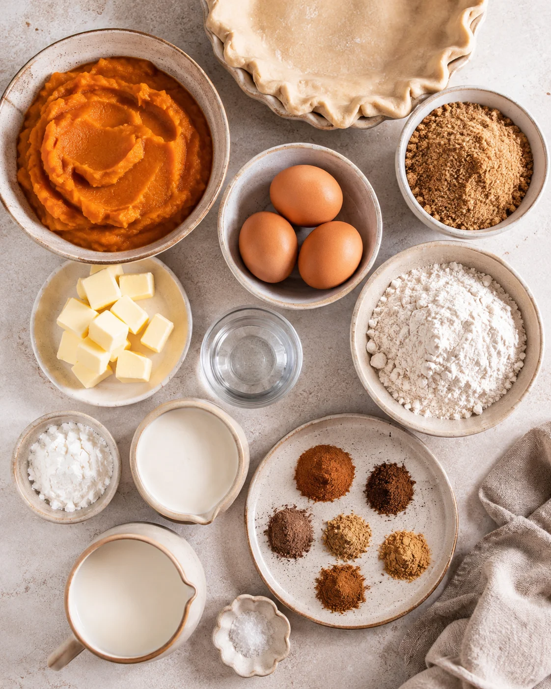 Top-down arrangement of pumpkin pie ingredients including pumpkin puree, eggs, spices, flour, butter, and milk