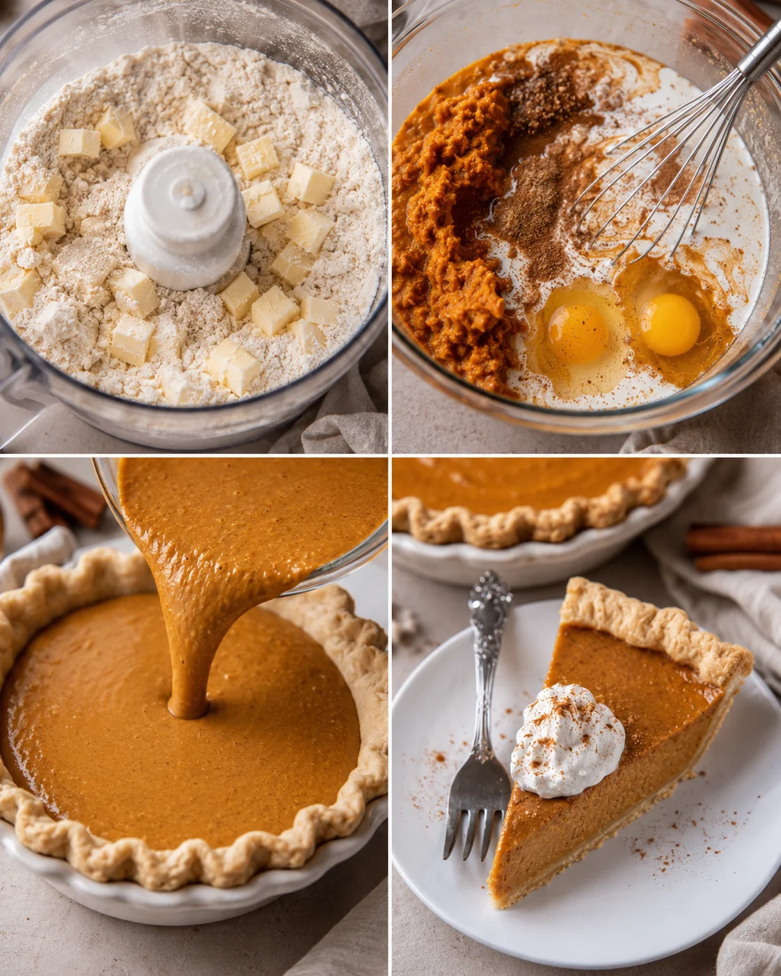 Four-panel collage showing making the crust, whisking the filling, pouring the filling, and a baked slice