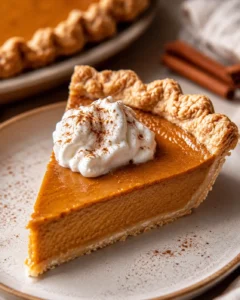 Slice of pumpkin pie with a dollop of whipped cream and cinnamon on a plate