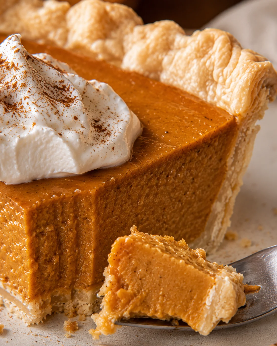 Close-up of pumpkin pie filling and flaky crust with a small forkful removed
