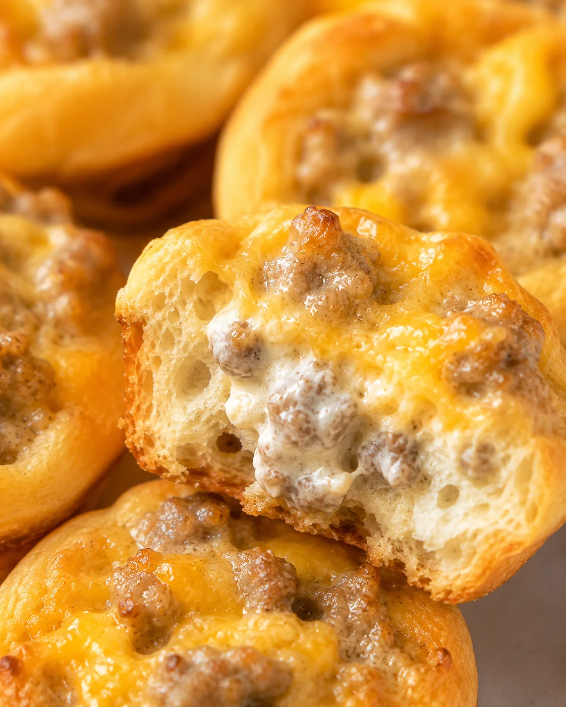 Interior close-up of a sausage and cream cheese biscuit bite with creamy filling