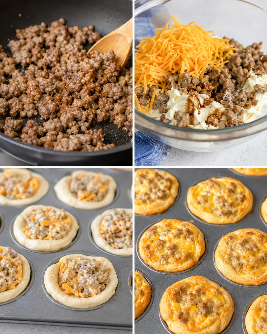 Collage of cooking steps showing cooked sausage, mixing filling, filling biscuit cups, and baked bites