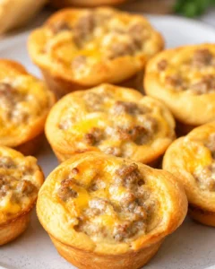 Plated sausage and cream cheese biscuit bites with golden flaky crusts