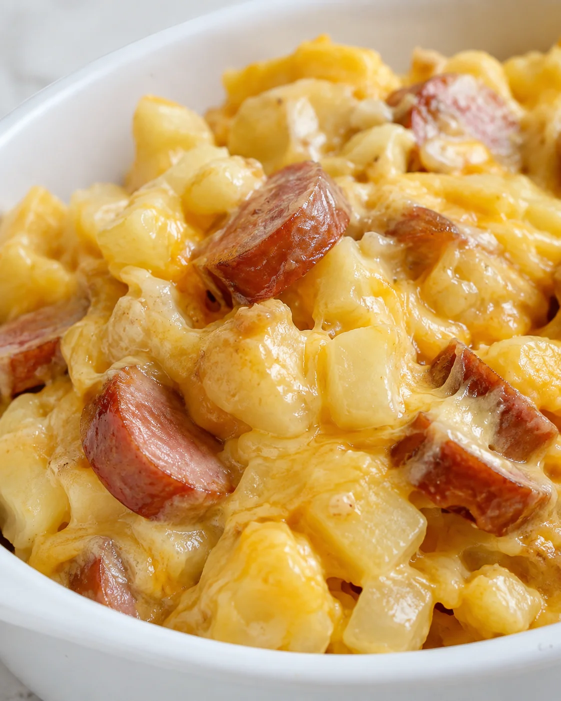 Close-up of slow cooker sausage and potato casserole in a bowl with melted cheddar