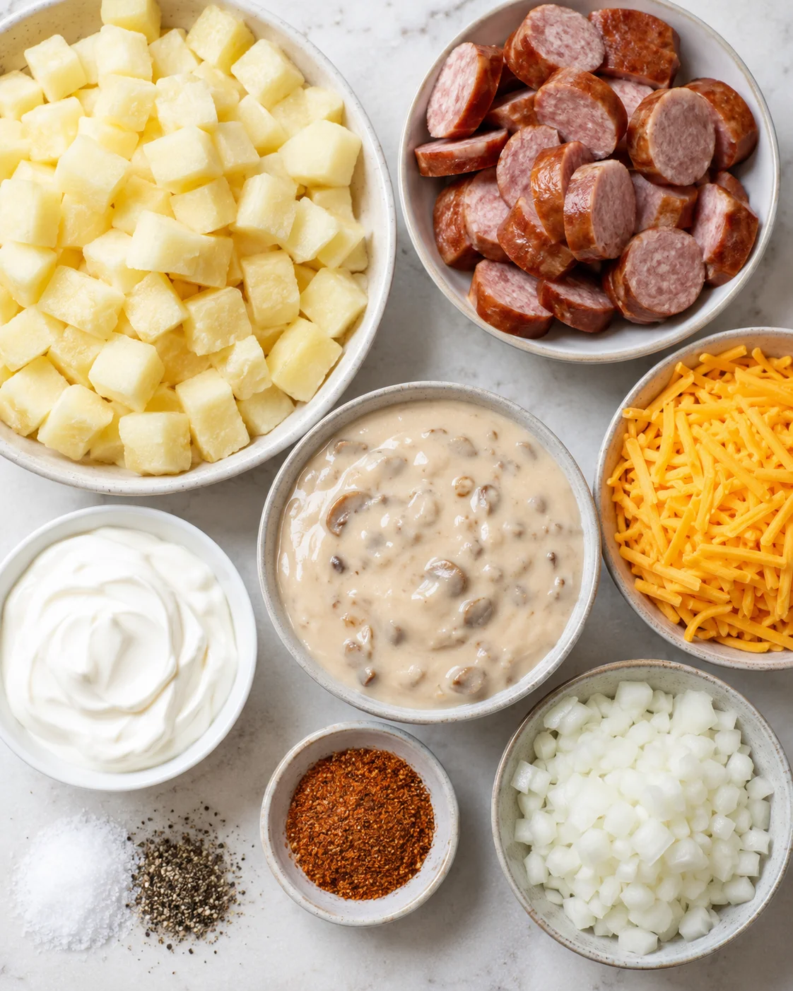 Top-down view of diced potatoes, sliced kielbasa, shredded cheddar, cream of mushroom soup, sour cream, onion and seasonings
