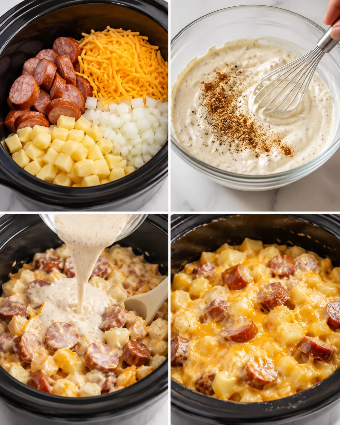 Collage showing layering ingredients in the slow cooker, whisking the creamy sauce, pouring the sauce, and the cooked casserole