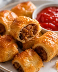Close side view of a cut sausage roll showing the minced pork filling beside a bowl of ketchup