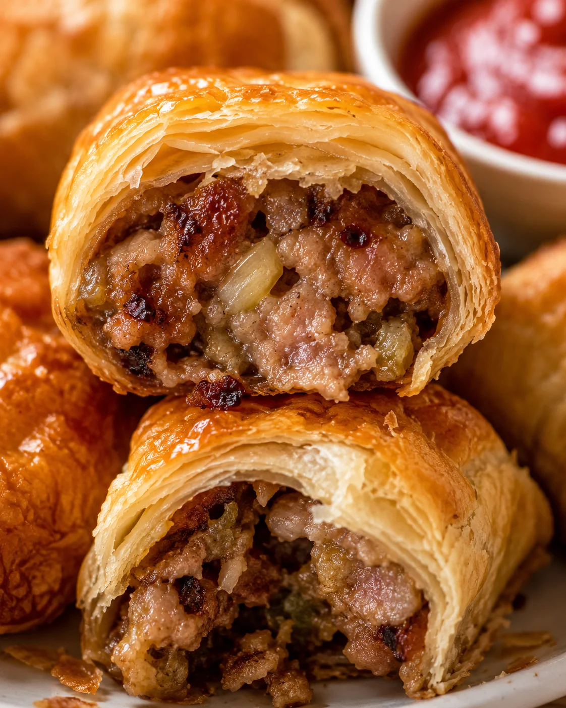 Close detail of a sausage roll cross-section showing flaky pastry layers and minced pork filling