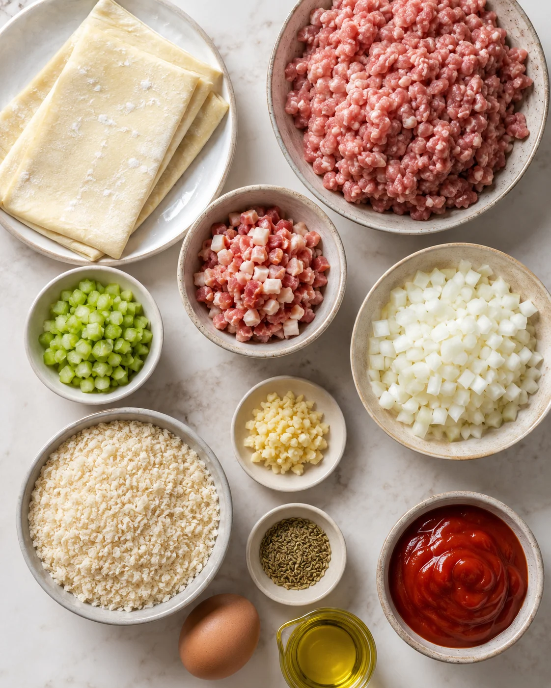 Top-down layout of sausage rolls ingredients including pork mince, puff pastry, breadcrumbs, onion, celery, bacon, egg and ketchup