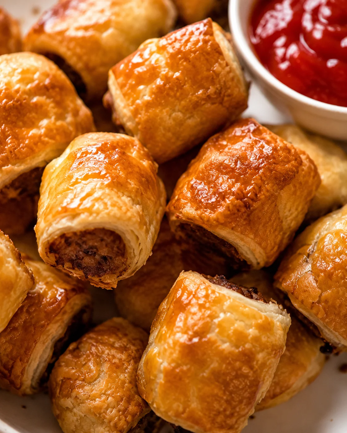 Platter of golden sausage rolls with a bowl of ketchup