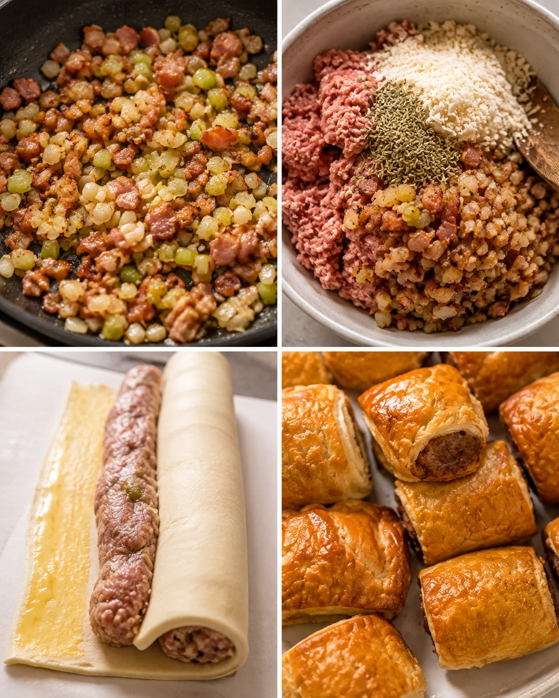 Four-photo grid showing sautéed aromatics, mixing filling, rolling pastry around filling, and baked sausage rolls