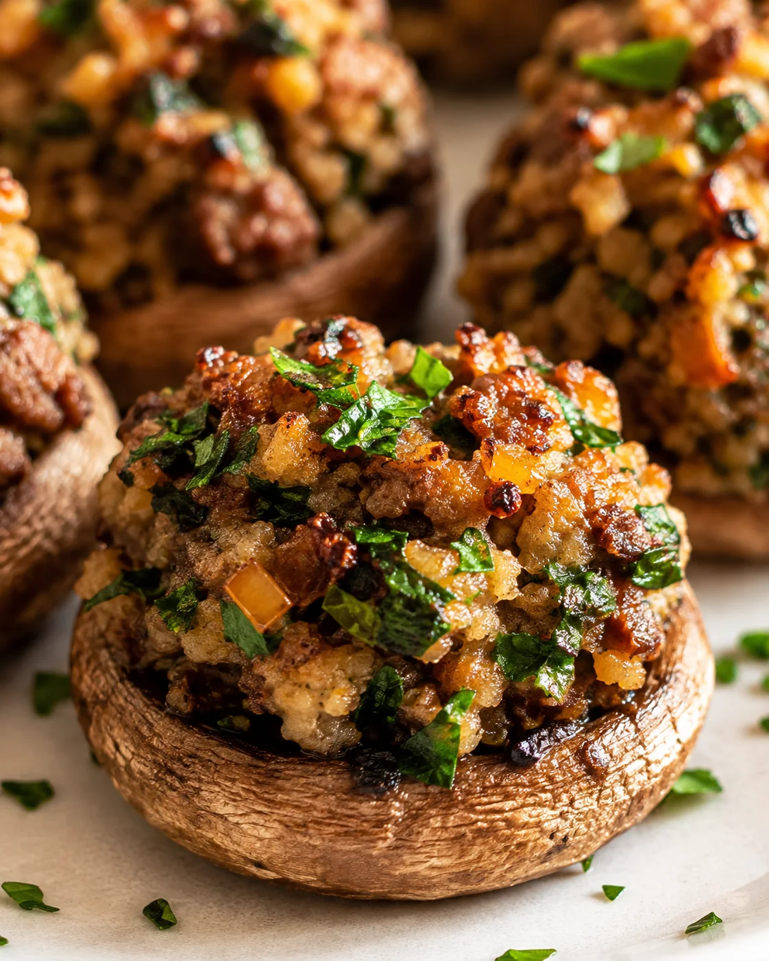Close-up of a single sausage stuffed mushroom with golden-brown filling and parsley