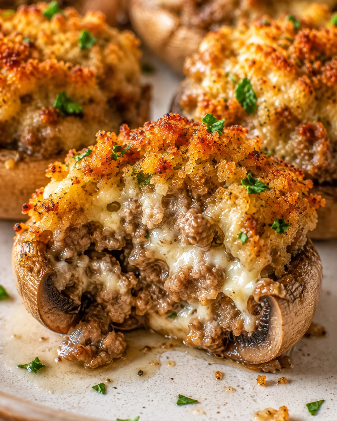 Close detail of a sausage stuffed mushroom cut open showing sausage, melted cheese, and crisp breadcrumb topping