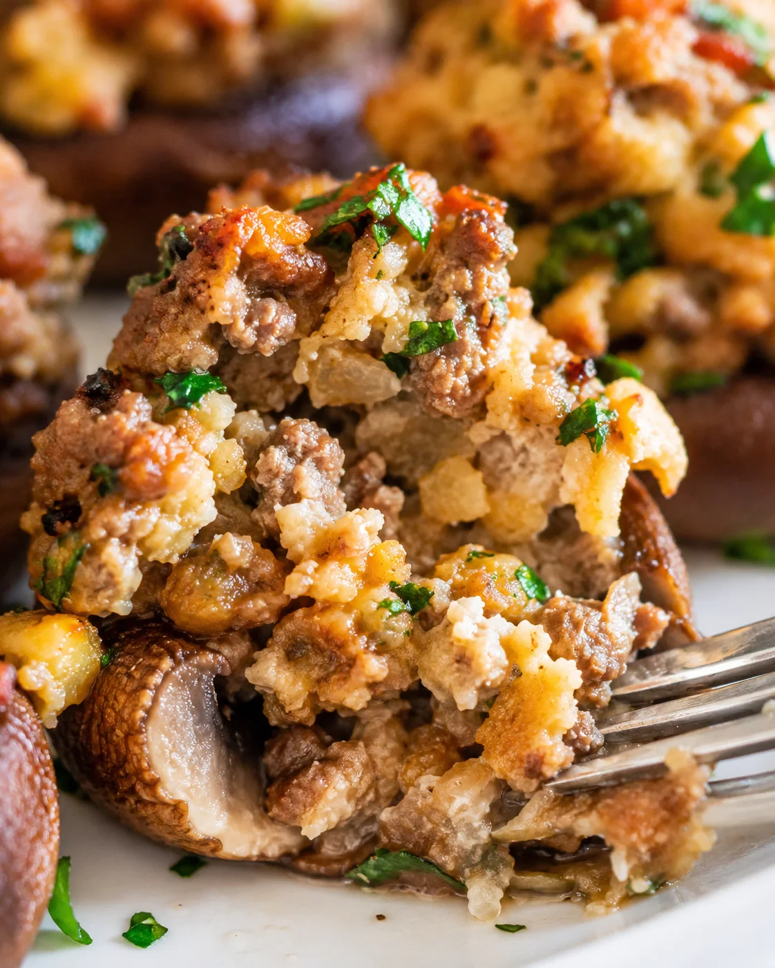 Fork pulling into the interior of a sausage stuffed mushroom showing the filling texture