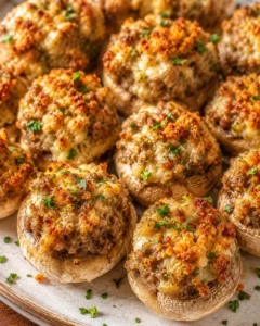 Close-up of sausage stuffed mushrooms with golden-brown breadcrumb and cheese topping garnished with parsley