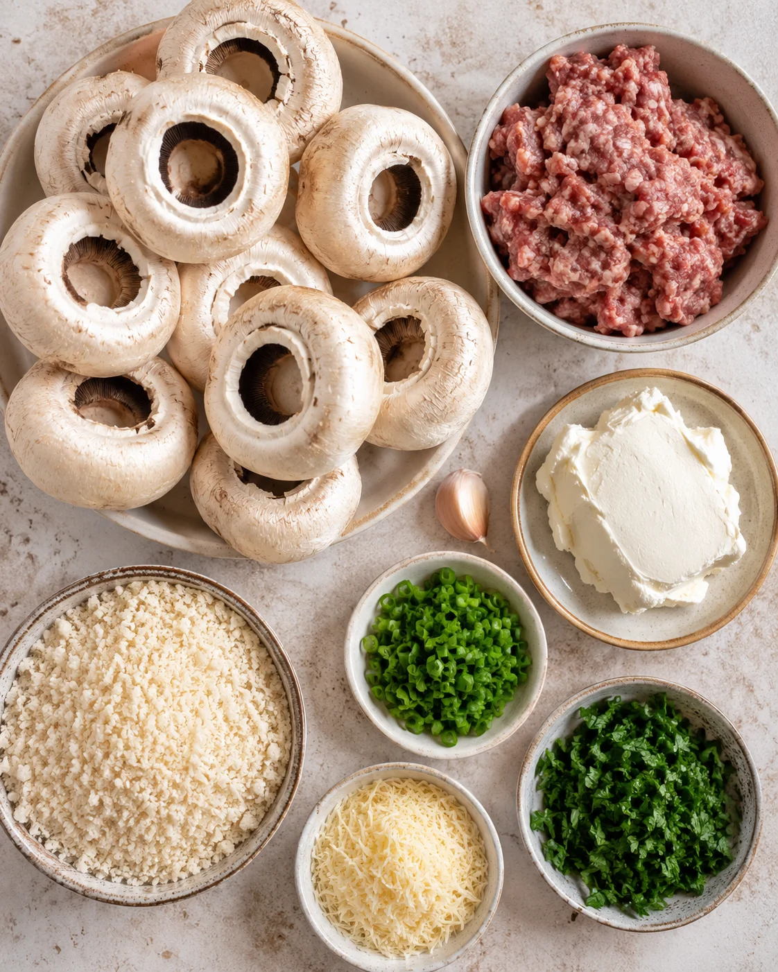 Top-down view of ingredients for sausage stuffed mushrooms: mushrooms, ground sausage, cream cheese, panko, parmesan and herbs