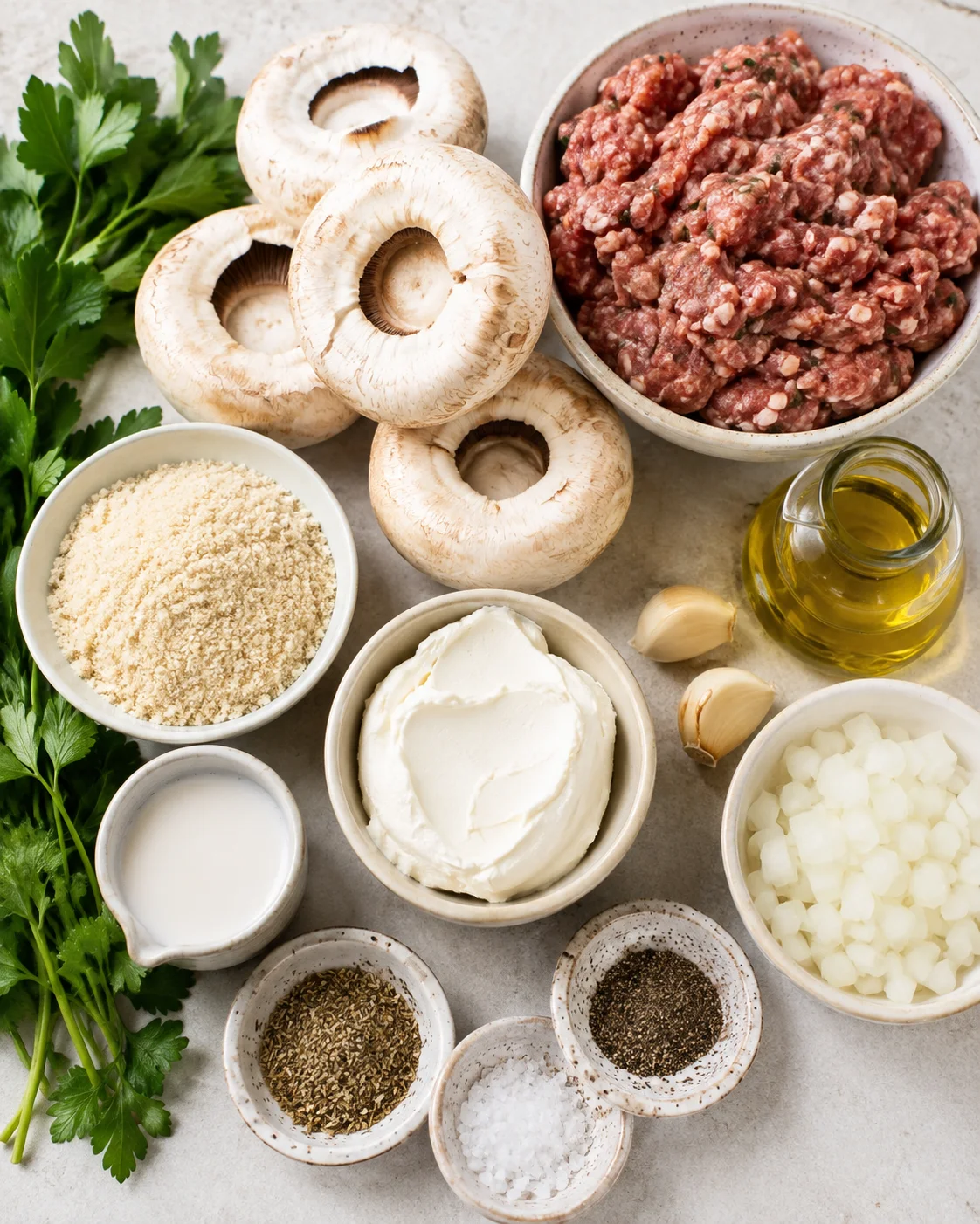 Top-down view of ingredients including mushrooms, ground sausage, dairy-free cream cheese and seasonings