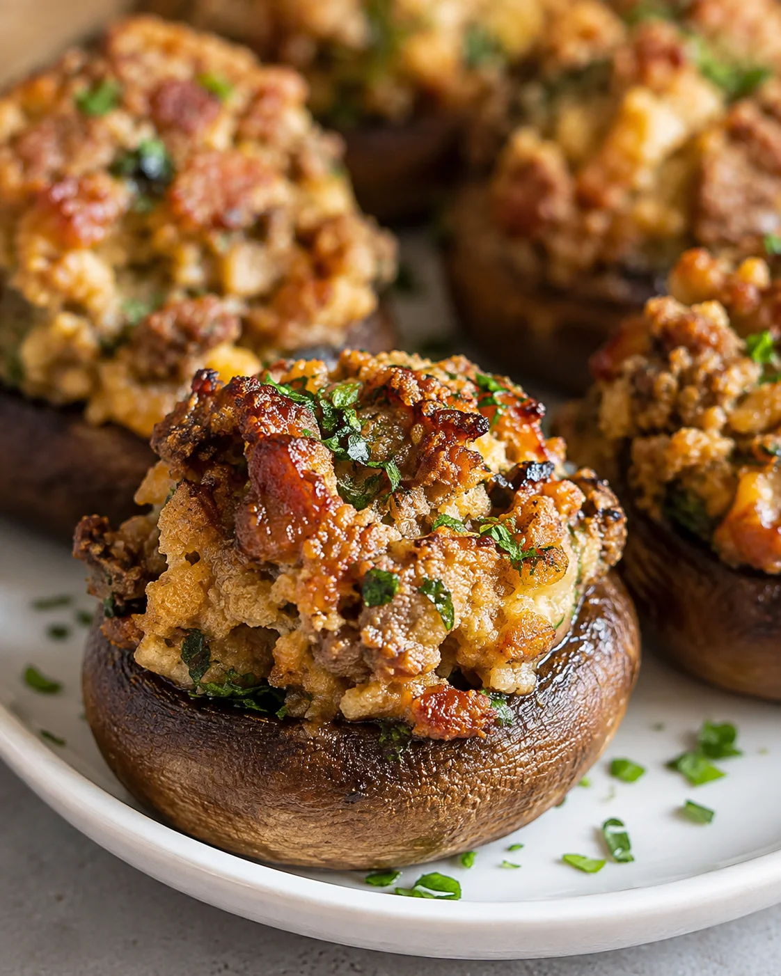 Plate of sausage stuffed mushrooms with browned topping and chopped parsley