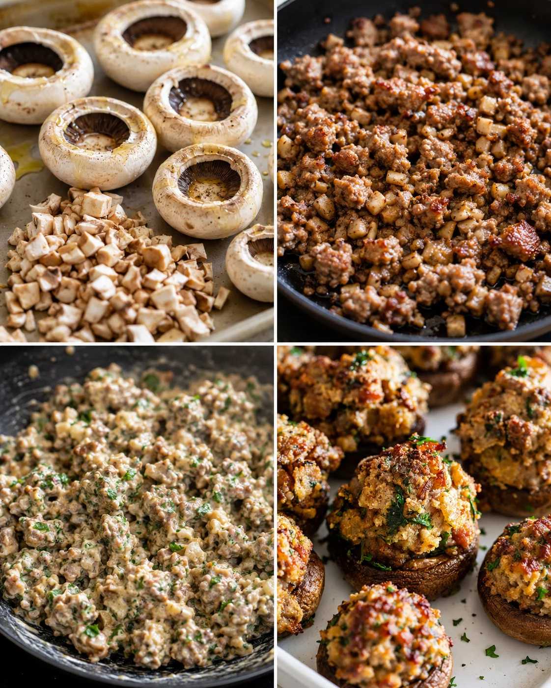 Collage showing mushroom prep, cooked sausage filling, mixed stuffing, and assembled stuffed mushrooms