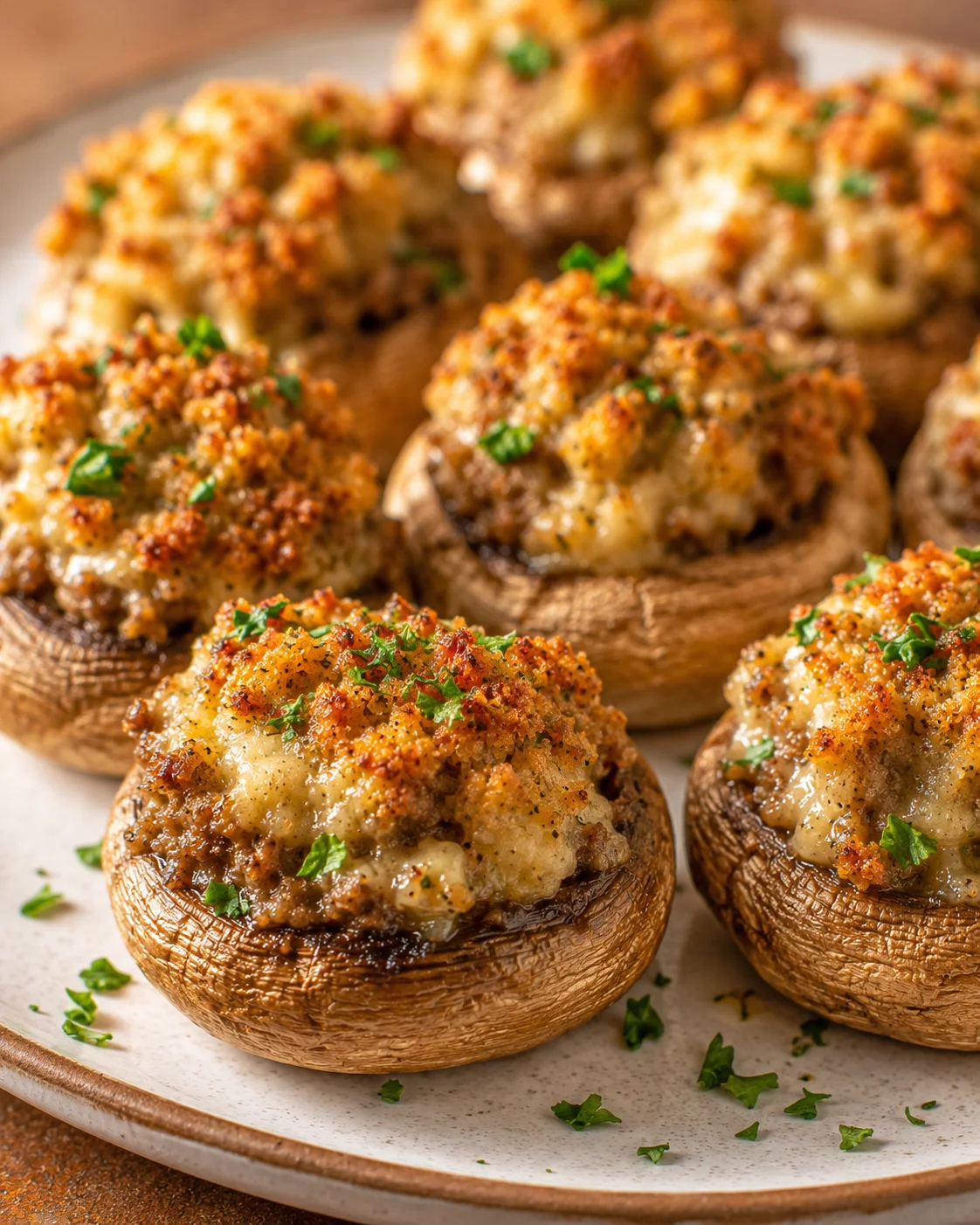Side view of sausage stuffed mushrooms on a plate showing browned caps and cheesy, crispy tops