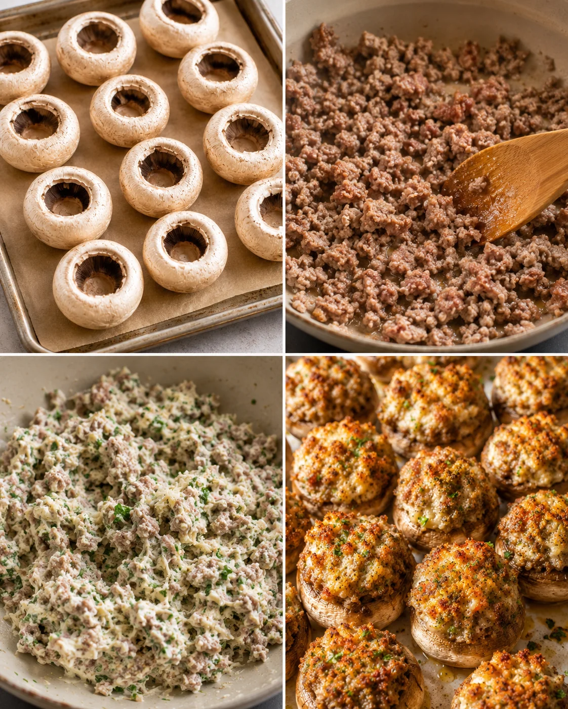 Four-panel collage showing prep steps for sausage stuffed mushrooms: hollowed caps, browned sausage, mixed filling, and baked mushrooms