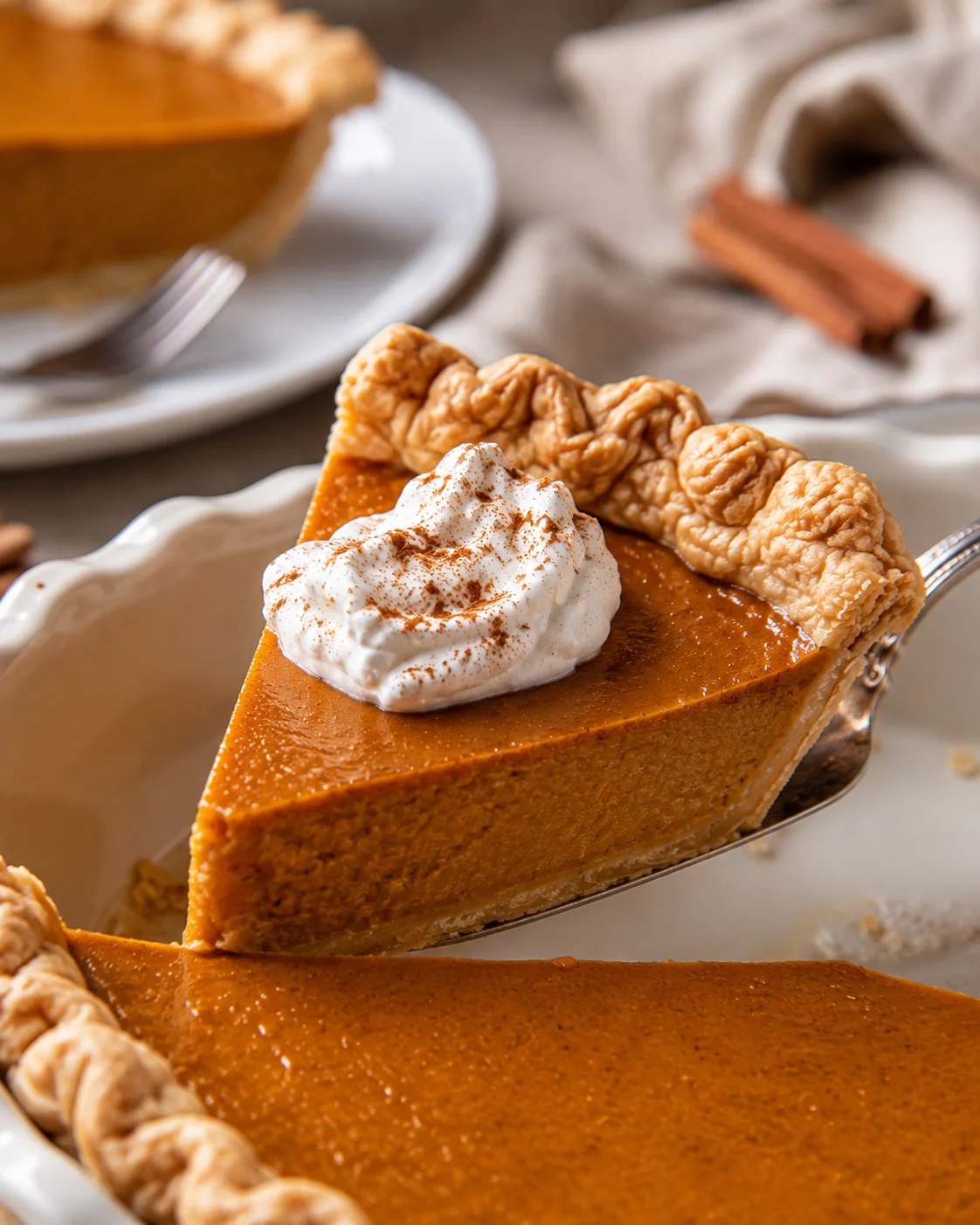 Pumpkin pie slice being lifted on a server, topped with whipped cream