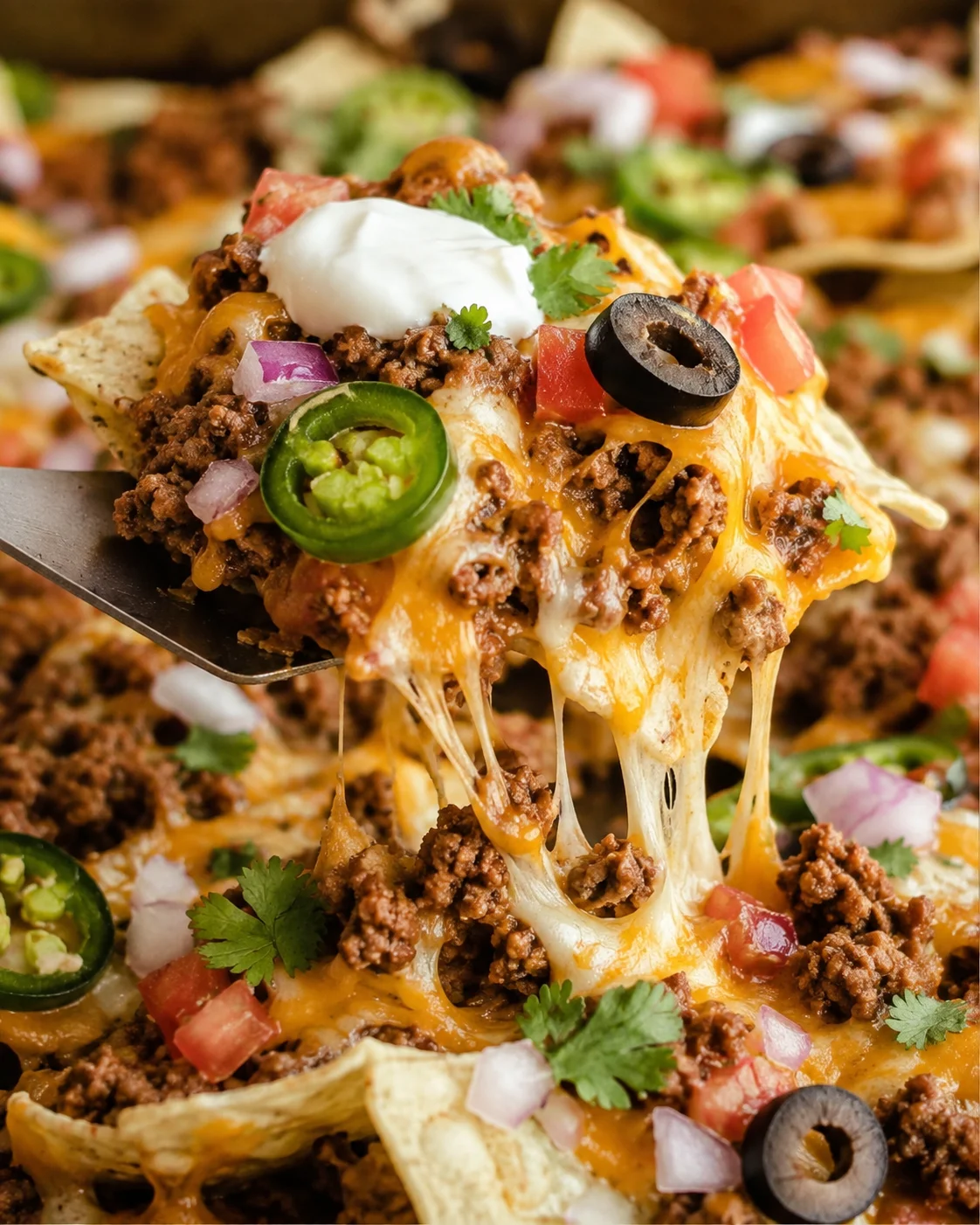 Close-up of gooey cheese pull and seasoned beef on sheet pan nachos with jalapeno and diced onion