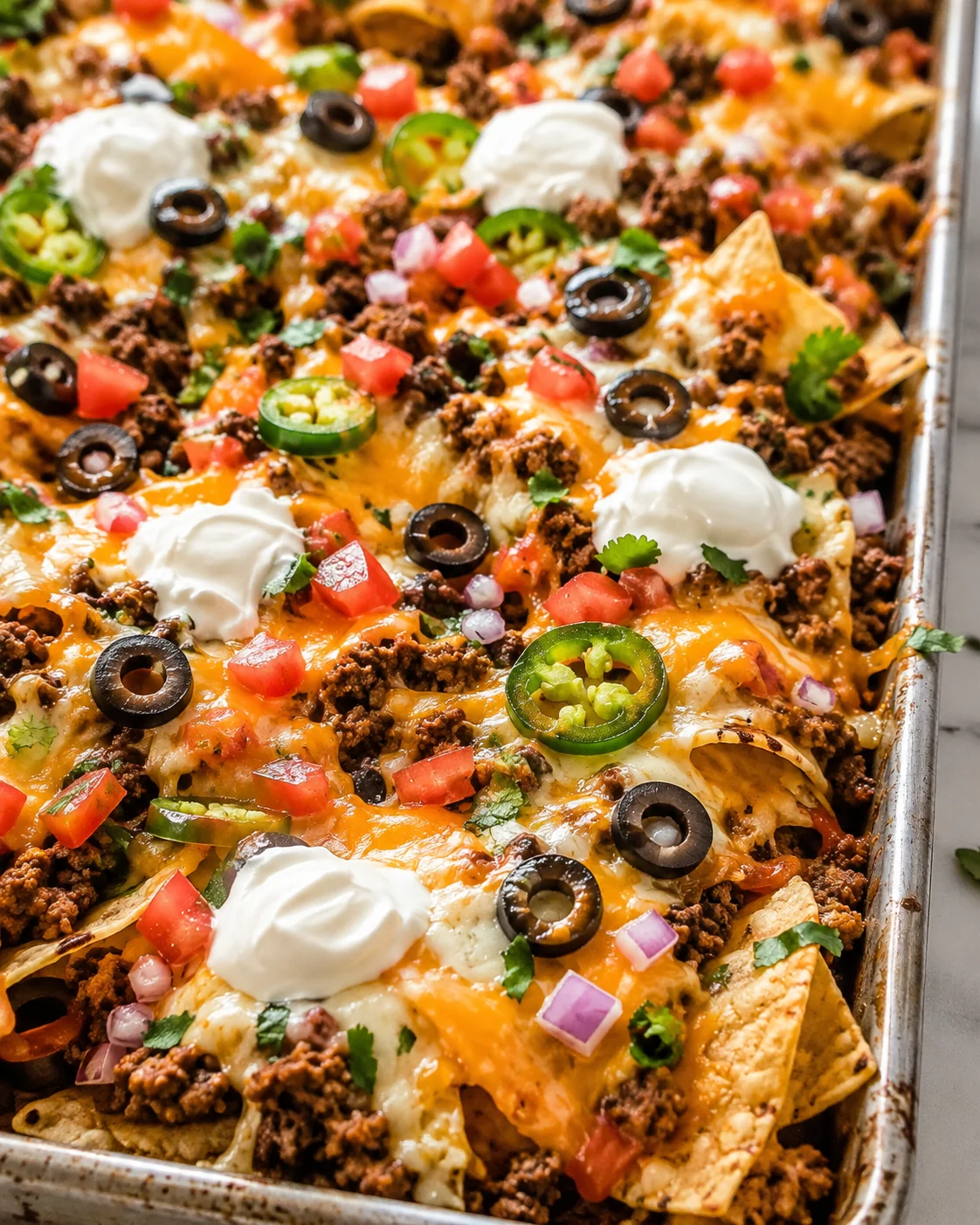 Sheet pan nachos with melted cheese, seasoned beef, jalapenos, black olives and dollops of sour cream on a baking sheet
