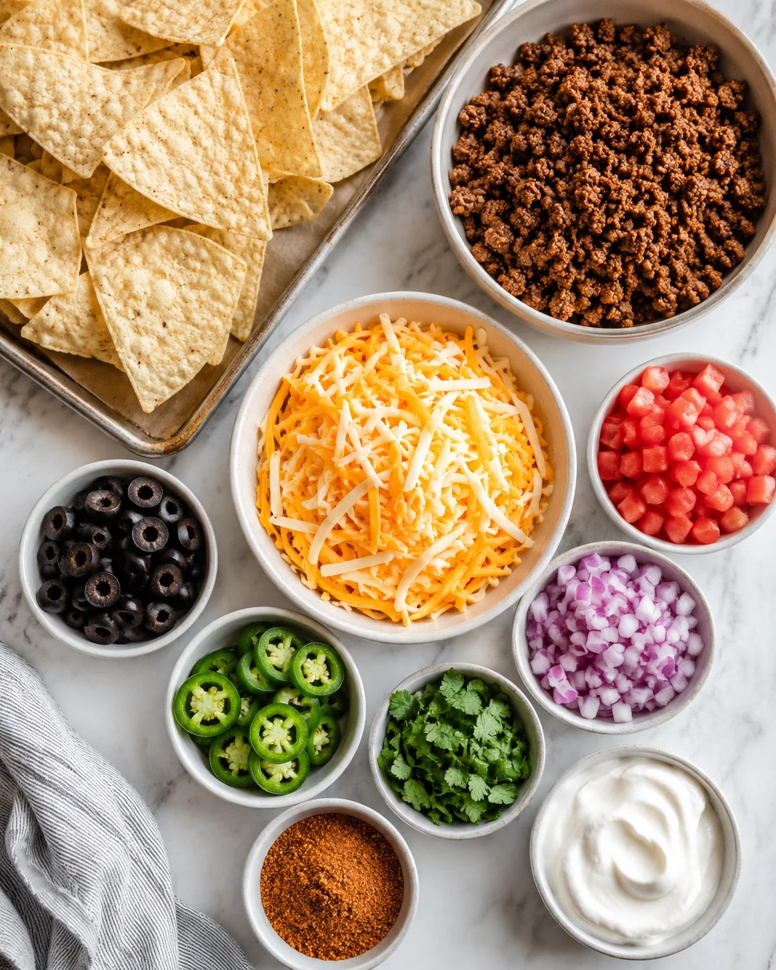Top-down arrangement of tortilla chips, shredded cheese, cooked taco meat and bowls of jalapenos, olives, onion, cilantro and sour cream