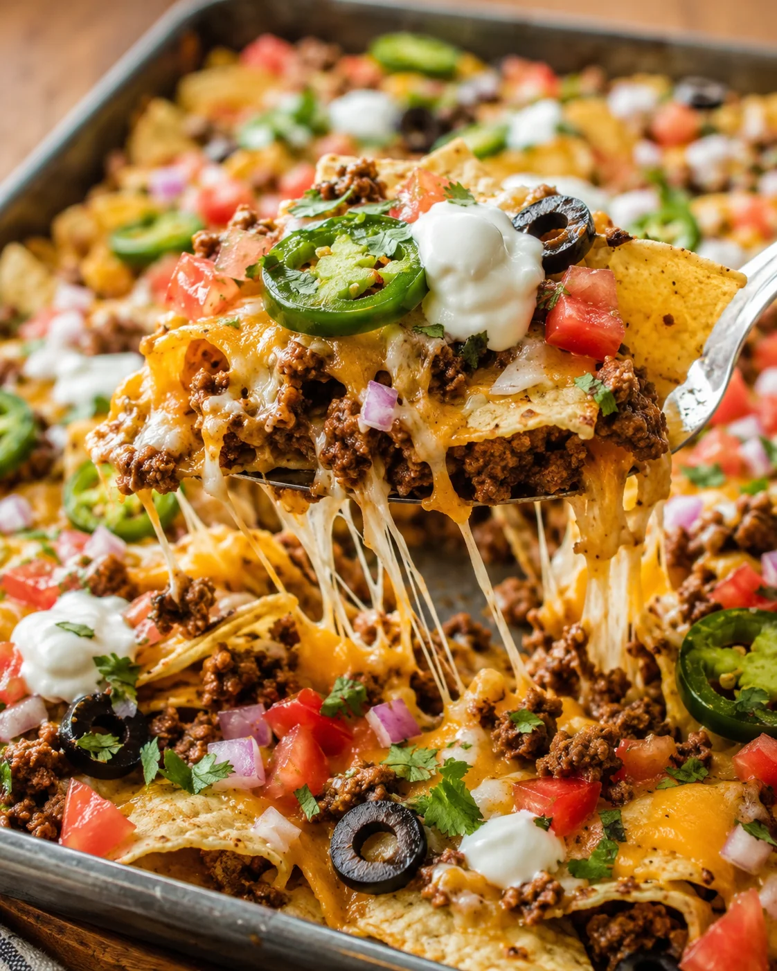 A spatula lifting a cheesy portion of sheet pan nachos topped with jalapeno, tomato, olive and sour cream