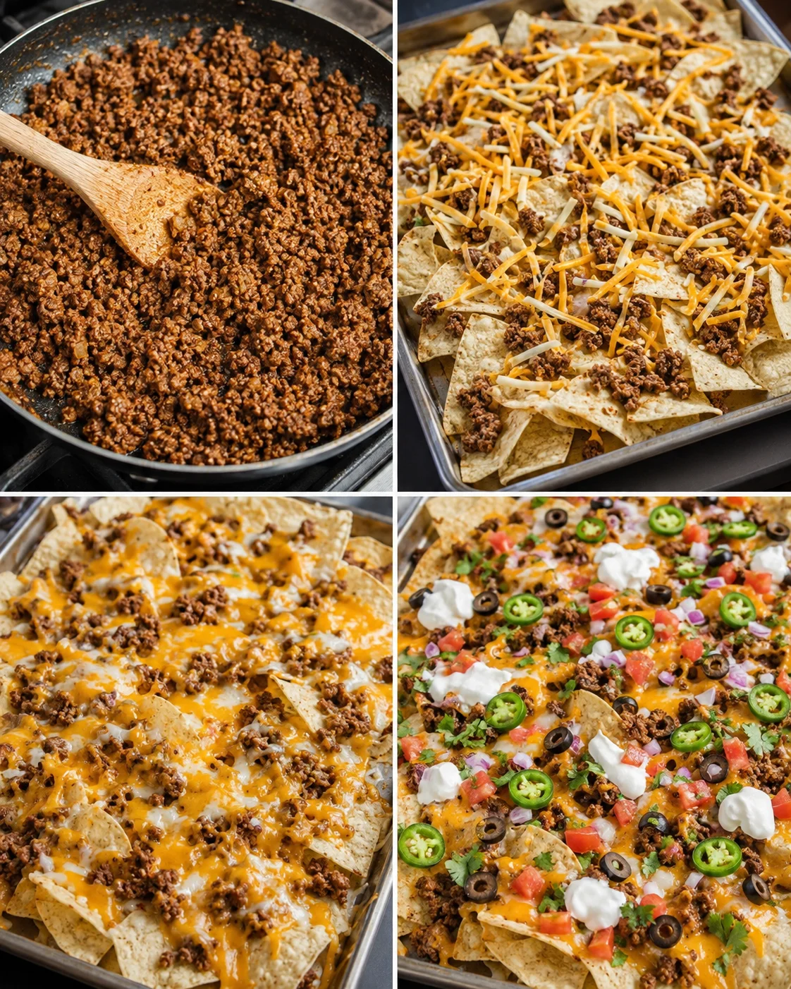 Four-image collage showing cooking the beef, layering chips and cheese, melted cheese after baking, and finished garnished sheet pan nachos
