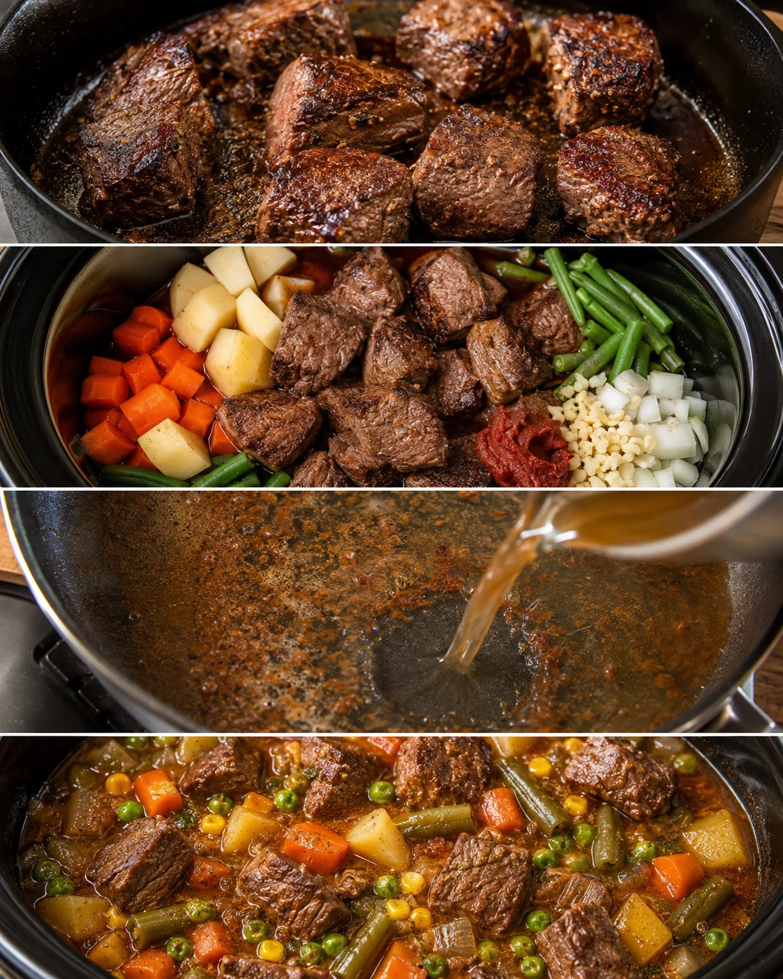 Collage showing seared beef in a skillet, ingredients in a slow cooker, deglazing the pan, and finished stew in the cooker