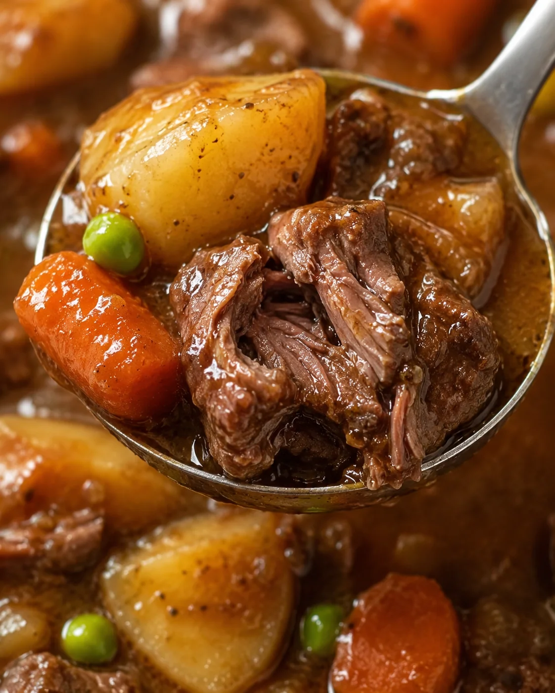 Ladle holding tender, shredding beef with potato and carrot from slow cooker beef stew