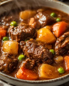 Steaming bowl of slow cooker beef stew with beef, potatoes, carrots and peas