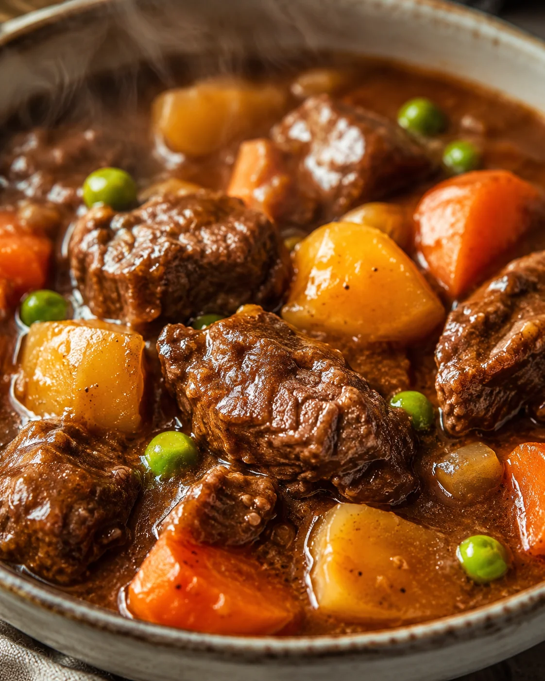 Steaming bowl of slow cooker beef stew with beef, potatoes, carrots and peas