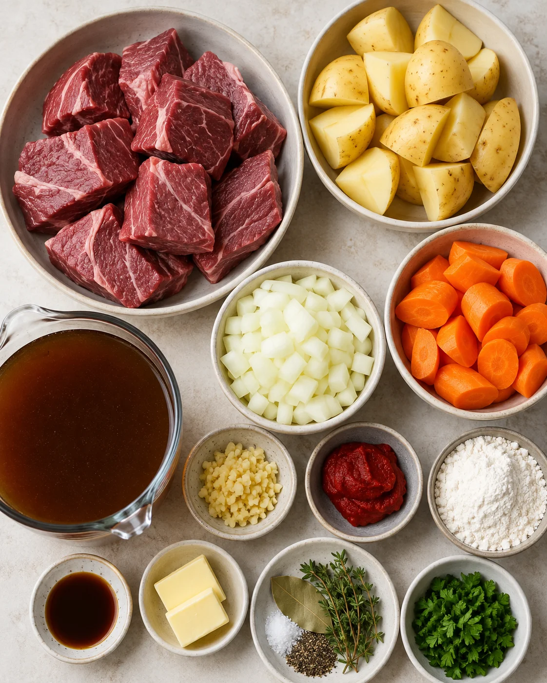 Top-down view of ingredients for Ultimate Slow Cooker Beef Stew arranged in bowls