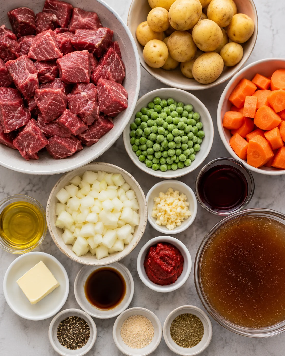 Top-down arrangement of ingredients for slow cooker beef stew including cubed beef, potatoes, carrots, peas, onions, broth and seasonings