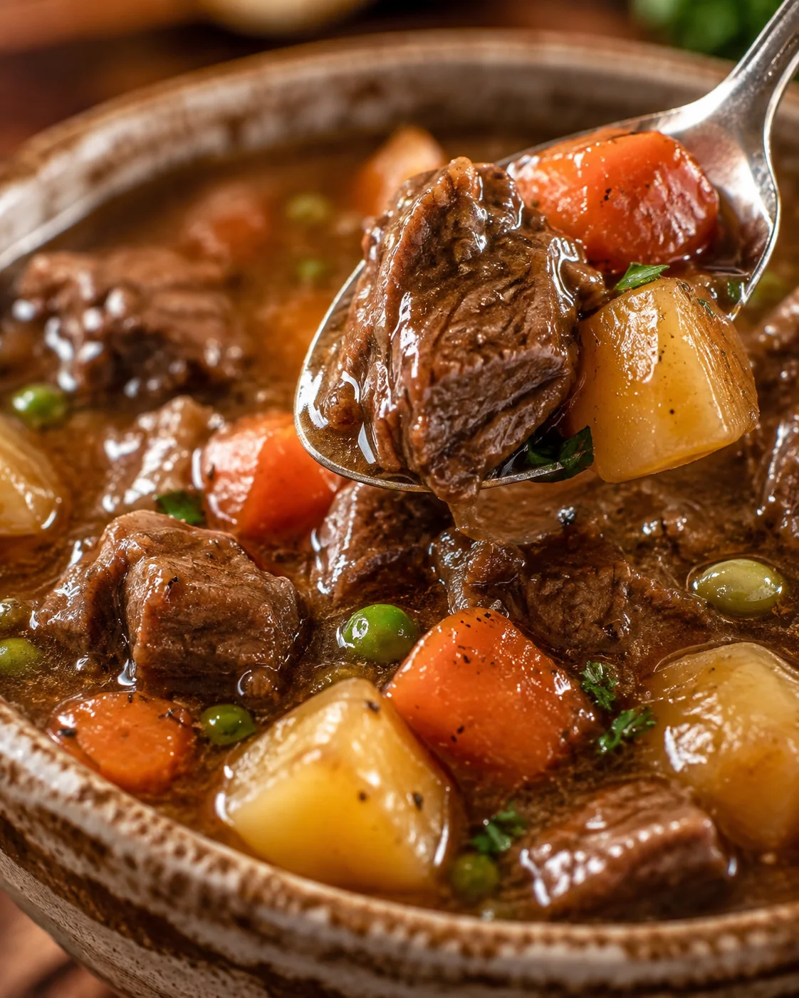 Spoon lifting a piece of beef with potato and carrot from slow cooker beef stew