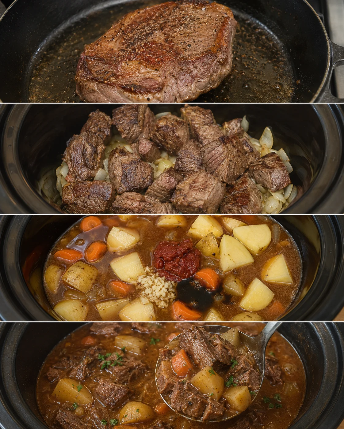 Four-panel montage showing searing beef, adding beef to slow cooker, adding vegetables and the finished stew being ladled