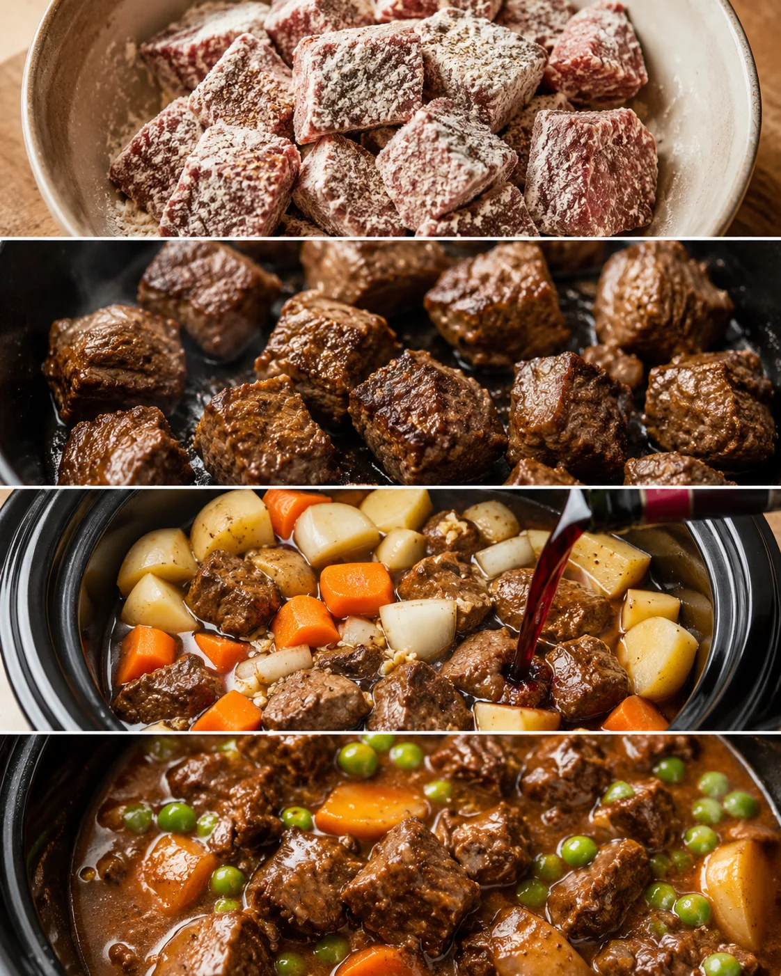 Collage showing beef coated in flour, searing, added to slow cooker with wine, and finished stew