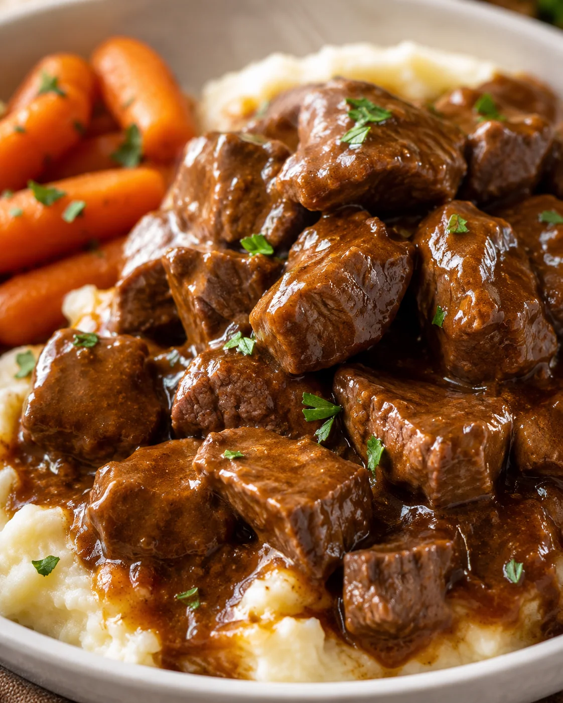 Close-up of slow cooker beef tips and gravy served over mashed potatoes with baby carrots